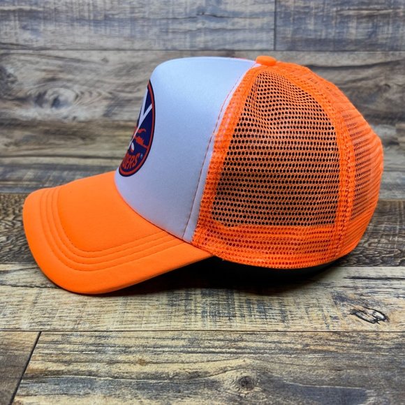 New York Islanders Mens Trucker Hat Orange Snapback Retro Logo Hockey Ball Cap - Picture 4 of 8